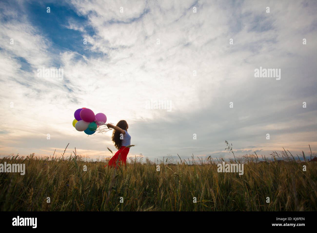 Girl with balloons in wheat field Stock Photo - Alamy