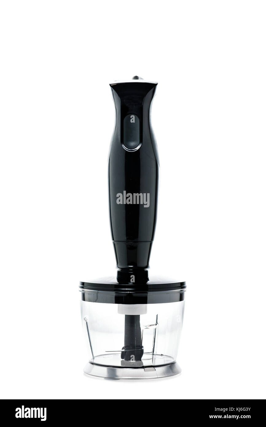 a black hand blender attached to a chopping bowl on a white background Stock Photo