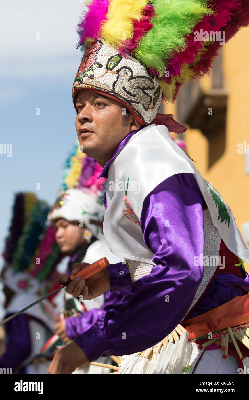 March 6, 2016, San Miguel de Allende, Mexico: indigenous man dressed in traditional costume dancing at the Senior de la Conquista celebration Stock Photo