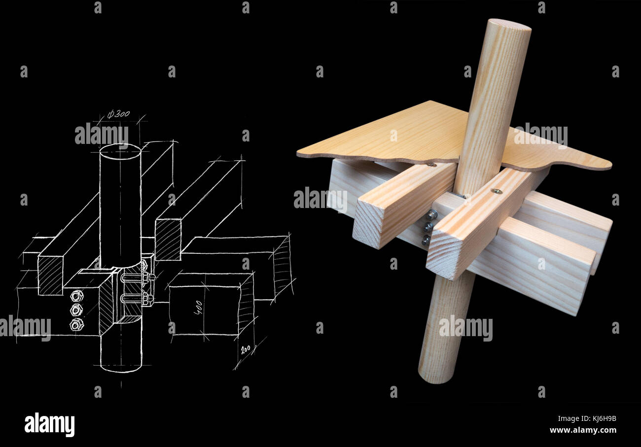 From the sketch to wood model. Isolated on black background. Technical drawing and finished architectural model. Stock Photo