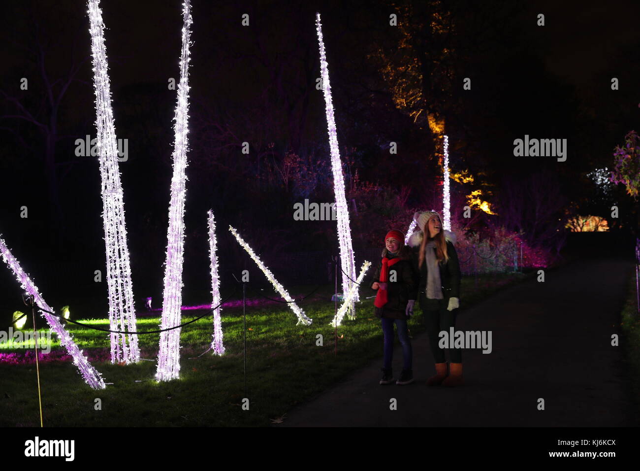 Children walk past the 'Dancing Icicles' part of the illuminated trail through Kew&Otilde;s after-dark landscape, during a preview for Christmas at Kew Gardens, London. Stock Photo