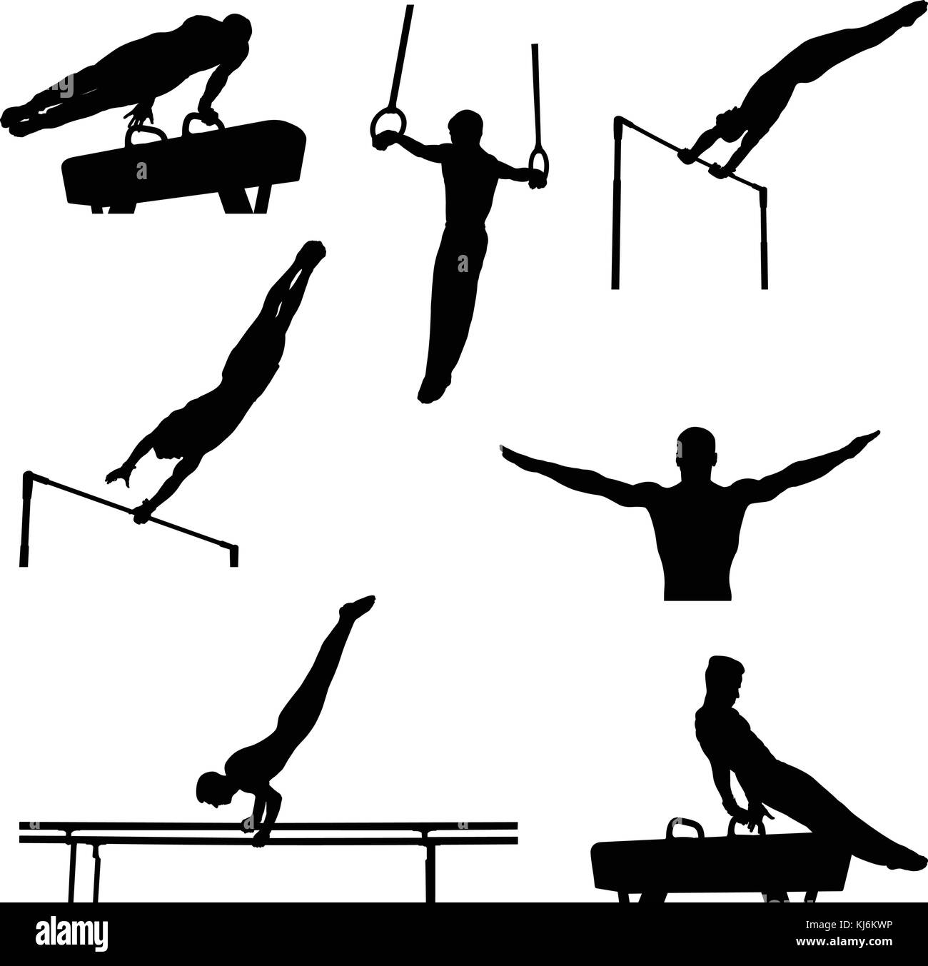 set men athletes gymnasts in artistic gymnastics silhouette Stock