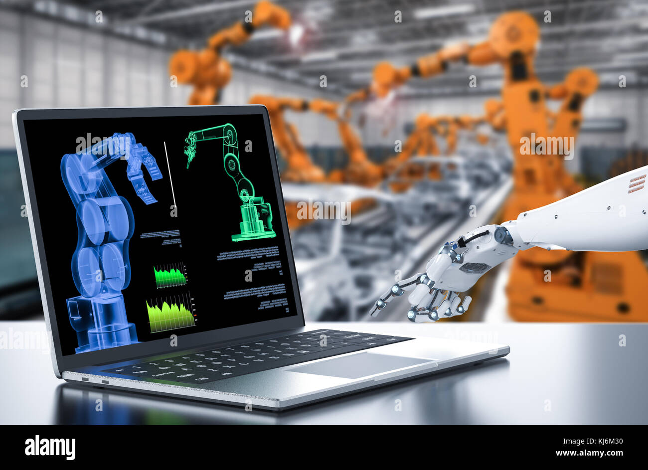 3d rendering robot working with computer in factory Stock Photo - Alamy