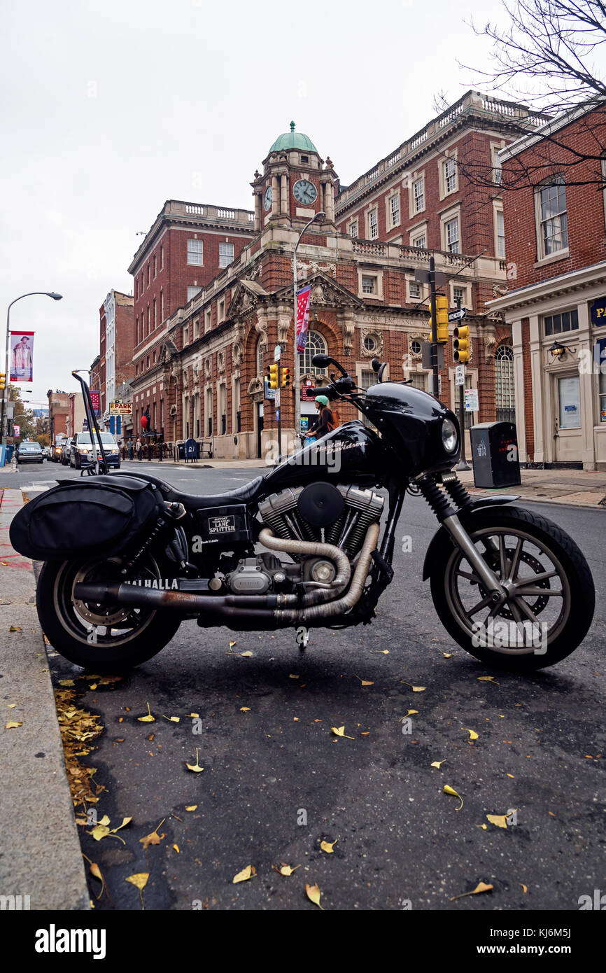 Black motorcycle on the street of the Old City neighborhood ,Philadelphia, Pennsylvania УСА Stock Photo