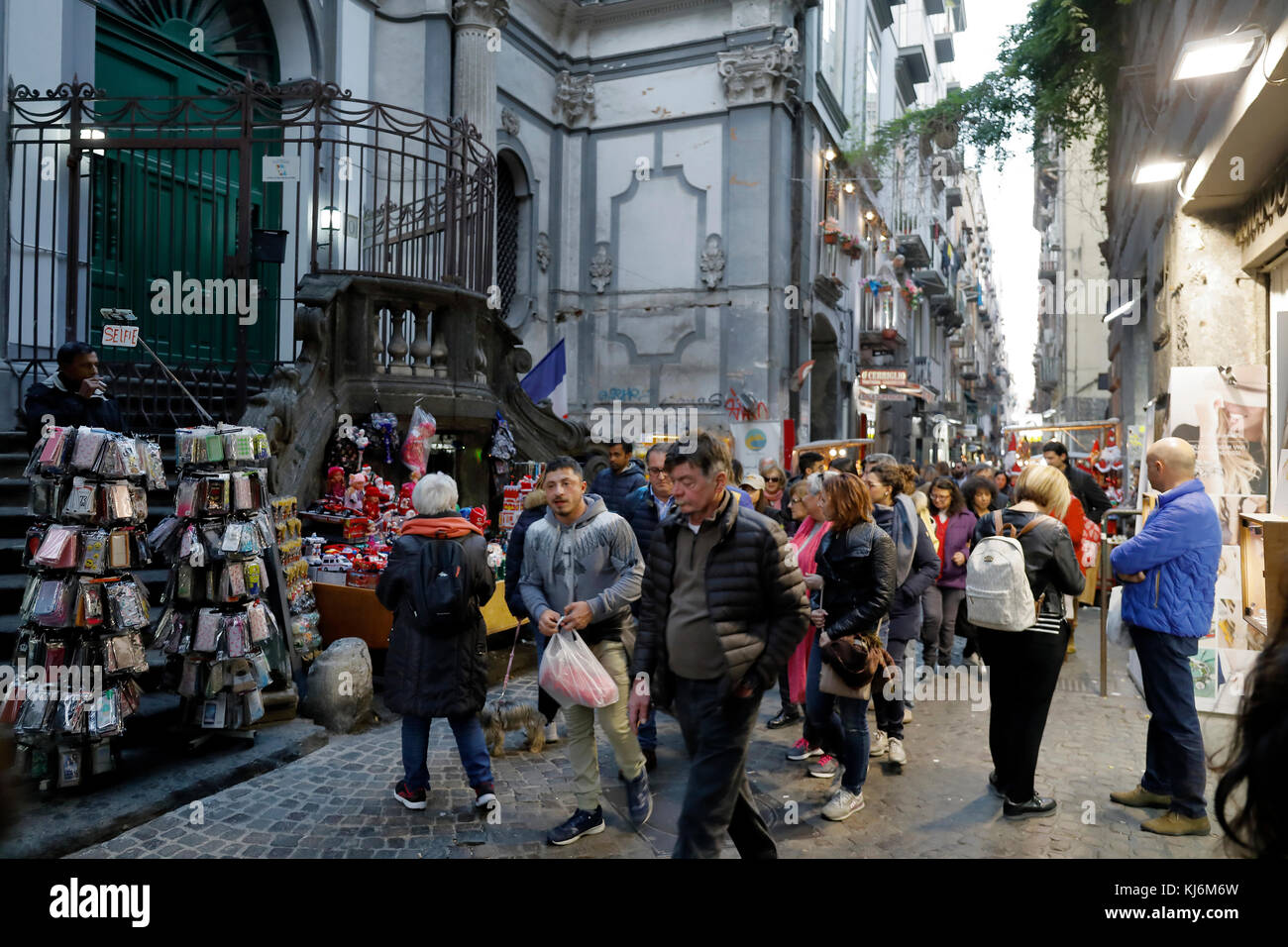 Naples, Italy - November 18, 2017: The Christmas holiday atmosphere in the heart of the city. Via San Biagio dei Librai, a famous street in the city c Stock Photo