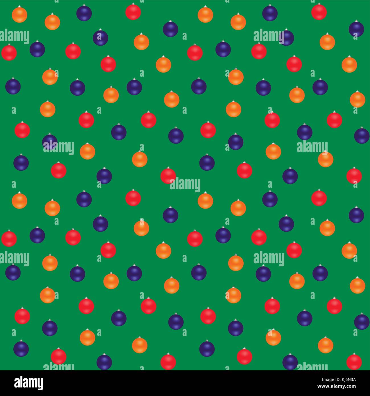 Blue, red, orange Christmas balls on a green background. Seamless vector pattern. Stock Vector