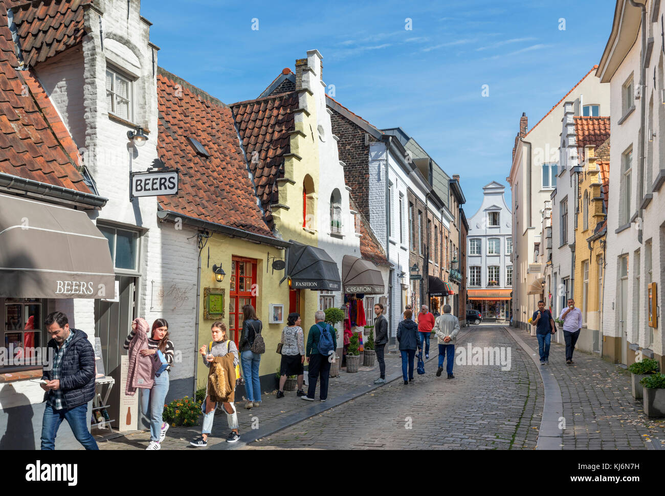 Shops on Walplein in the city centre, Bruges (Brugge), Belgium. Stock Photo
