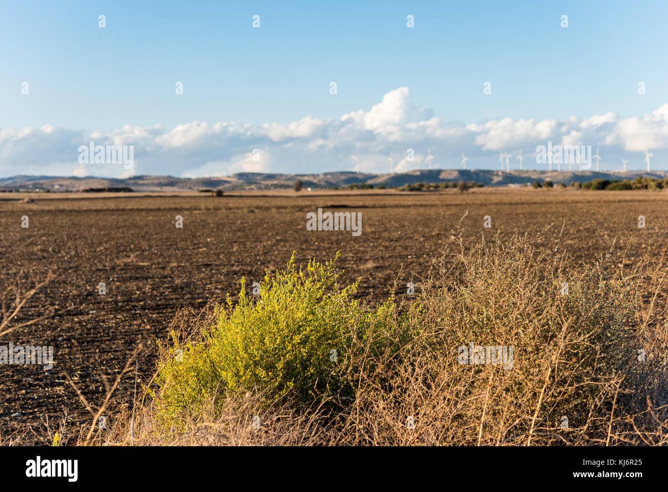 Agricultural land and wind turbines on a hill - cloudy day Stock Photo ...