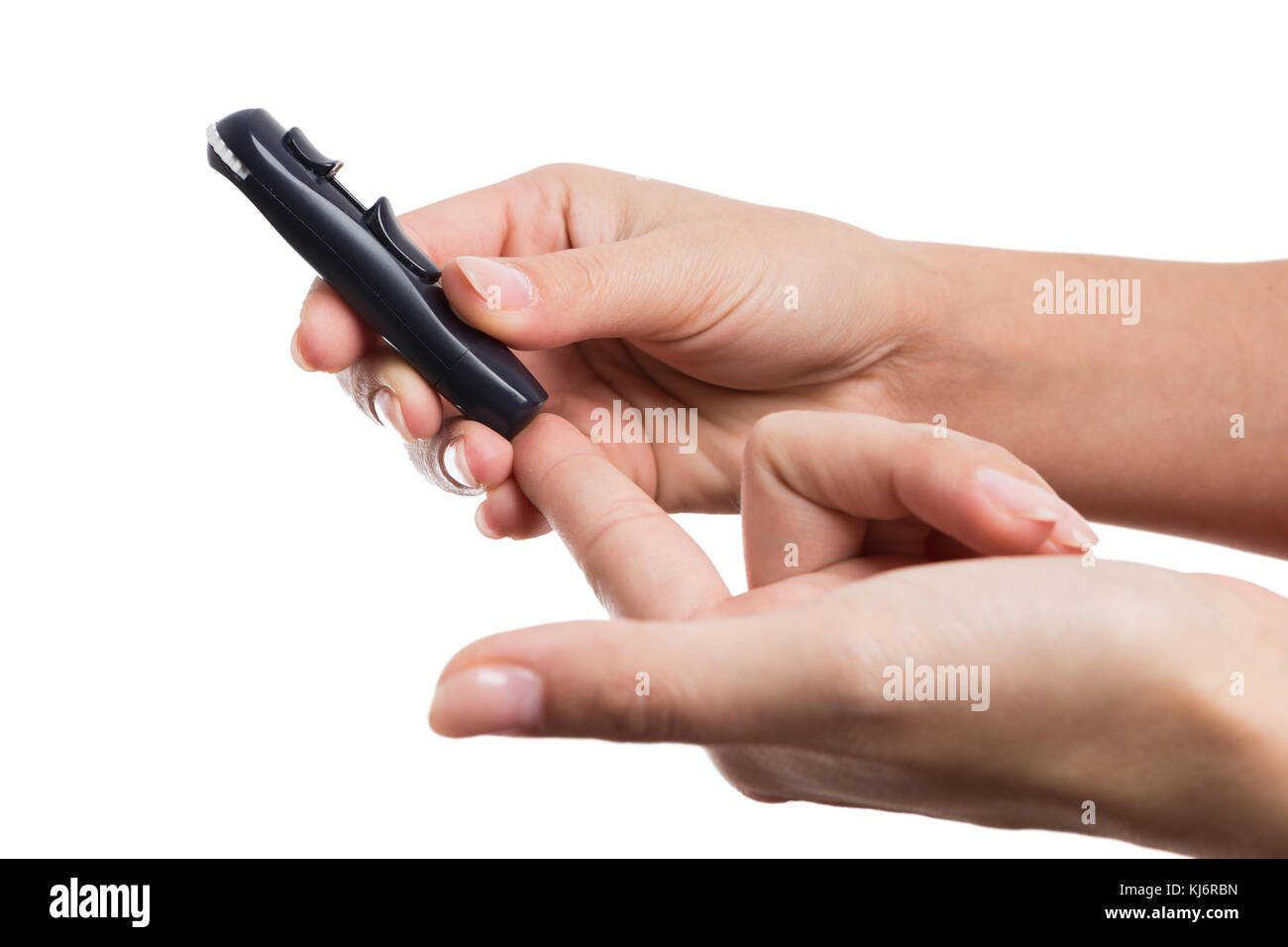 Woman hands poking finger to check glucose or blood sugar level with as diabetic