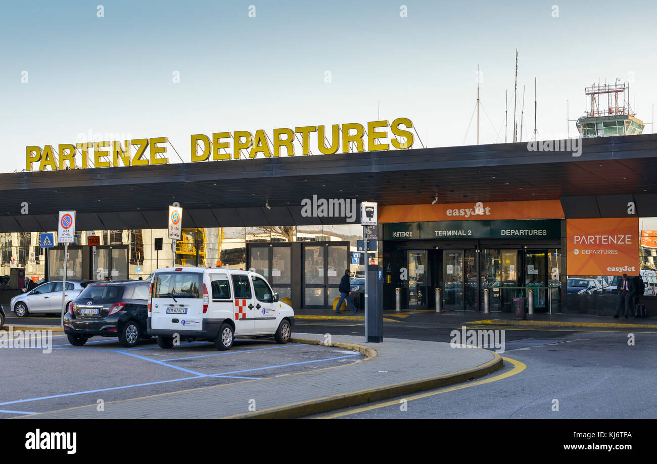 Milan, Italy's Terminal 2 departure terminal which services budget airliner, Easyjet to short-haul destinations Stock Photo