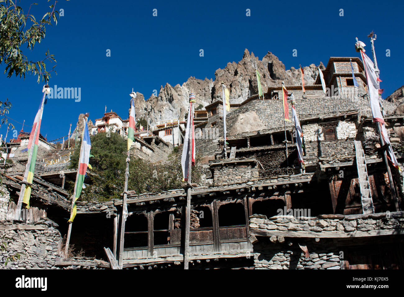 Braka (Braga) and its monastery in Himalaya mountains, Manang Nepal. Annapurna circuit, Marsyangdi valley. Stock Photo