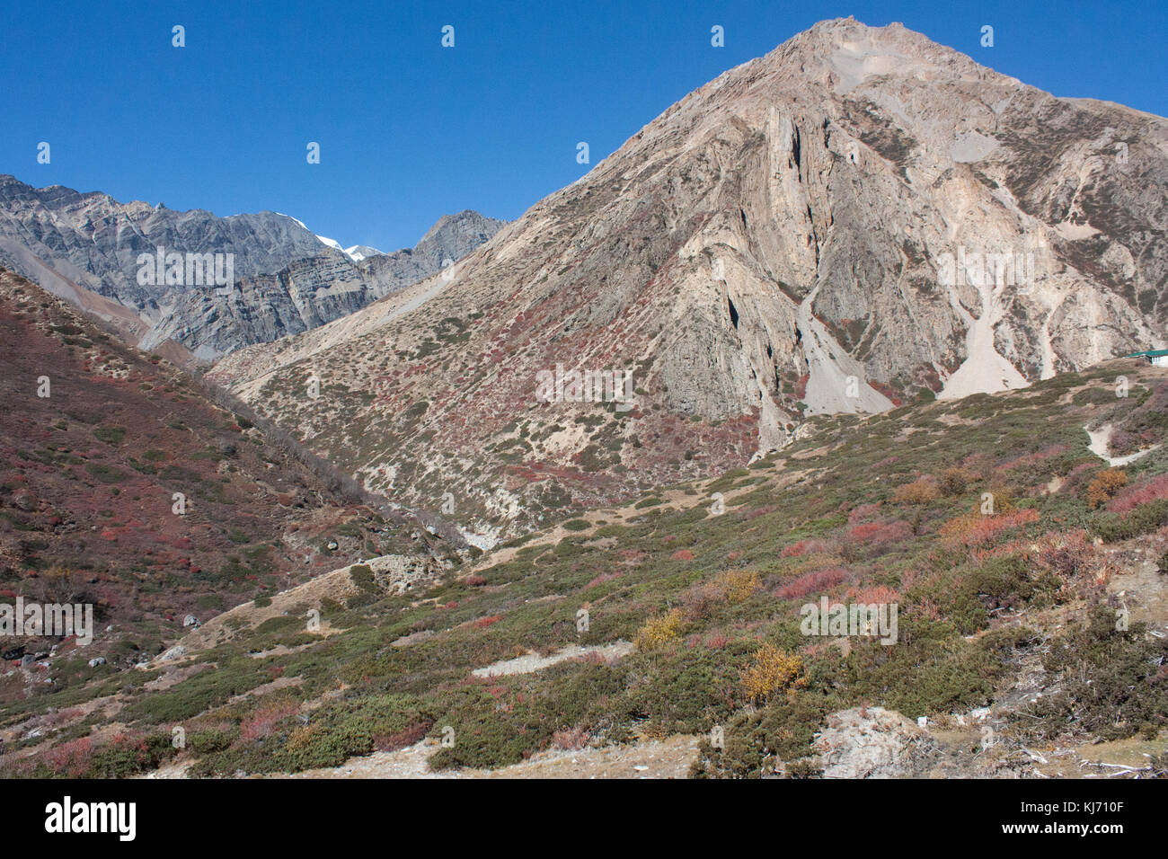 Mountain landscape along the footpath to Thorung La pass, Ledhar, Marsyangsi valley. Nepal. Stock Photo