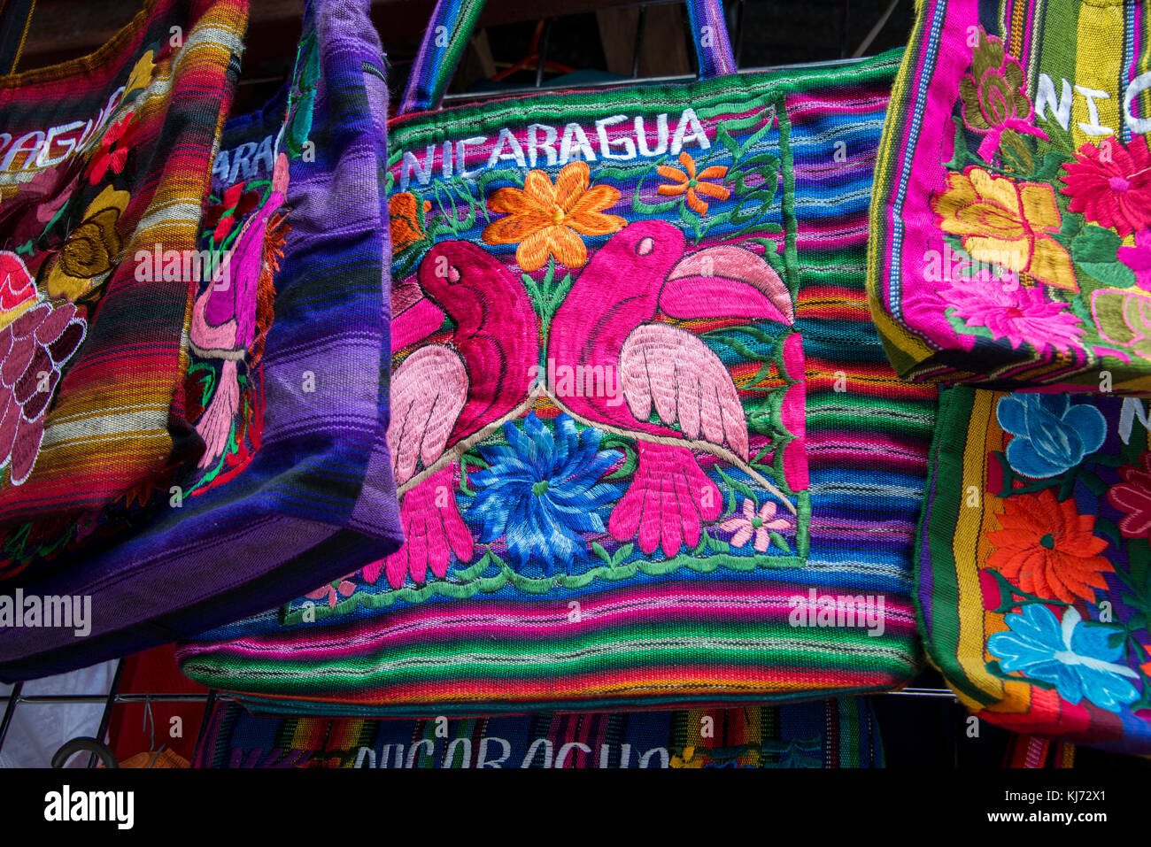 Central America, Nicaragua, Department of Masaya, town of Catarina. Typical embroidery handicraft souvenir bag. Stock Photo