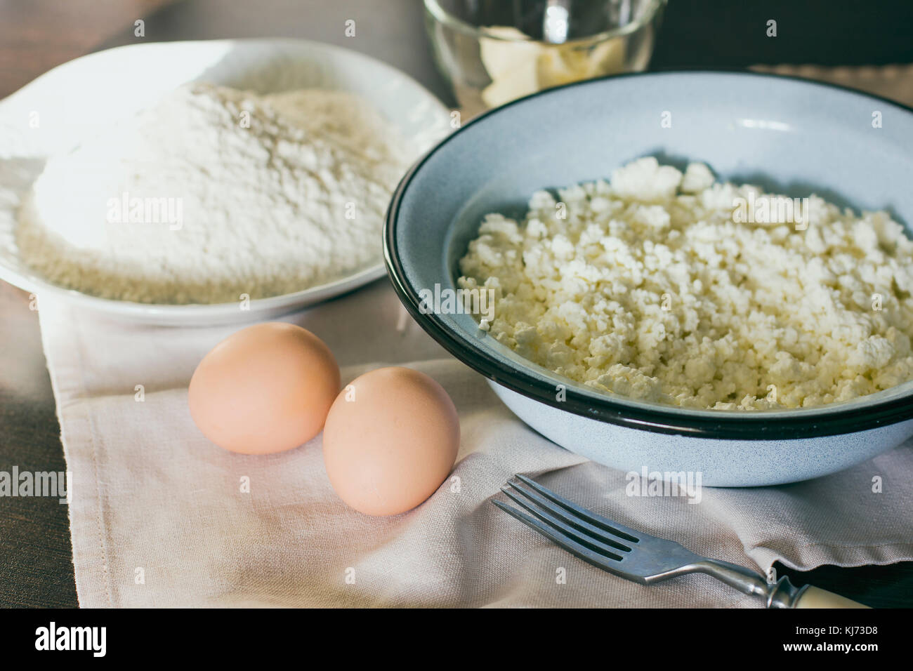 Flour, eggs and cottage cheese for cooking Stock Photo Alamy