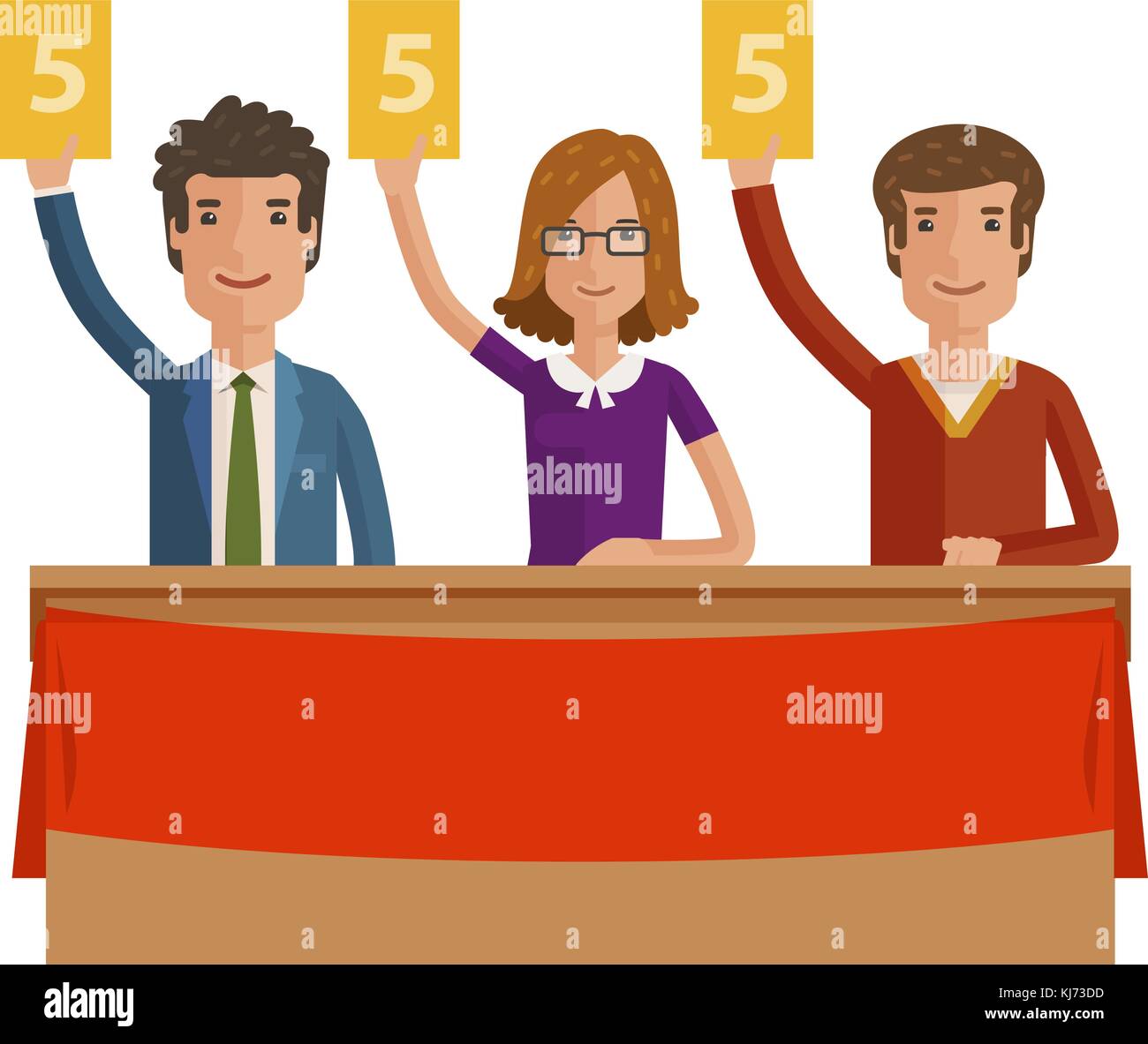 Group of judges jury. People hold up scorecards. Vector illustration Stock Vector