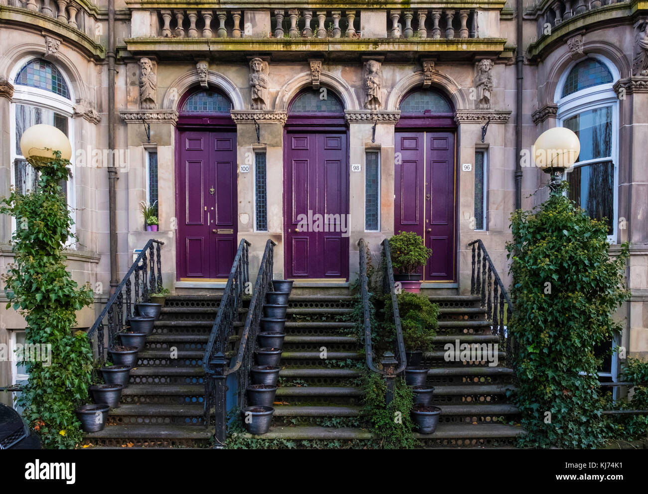 Ornate stairs leading to beautiful apartment buildings on Queens Drive in Queens Park district of Glasgow, Scotland, United Kingdom Stock Photo