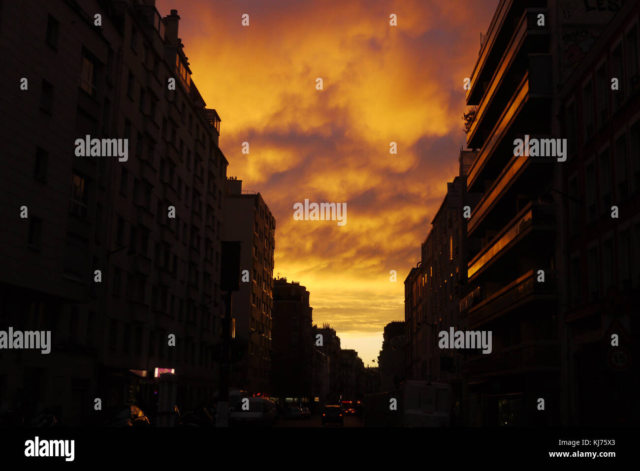 Strange orange sky over Paris. Stock Photo