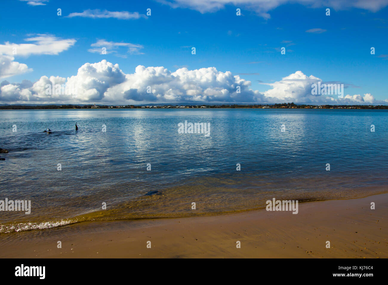 Tranquil  view of the landscape from  a rocky groyne at the Cut  where Leschenault Estuary enters the Indian ocean  near Australind Western Australia. Stock Photo