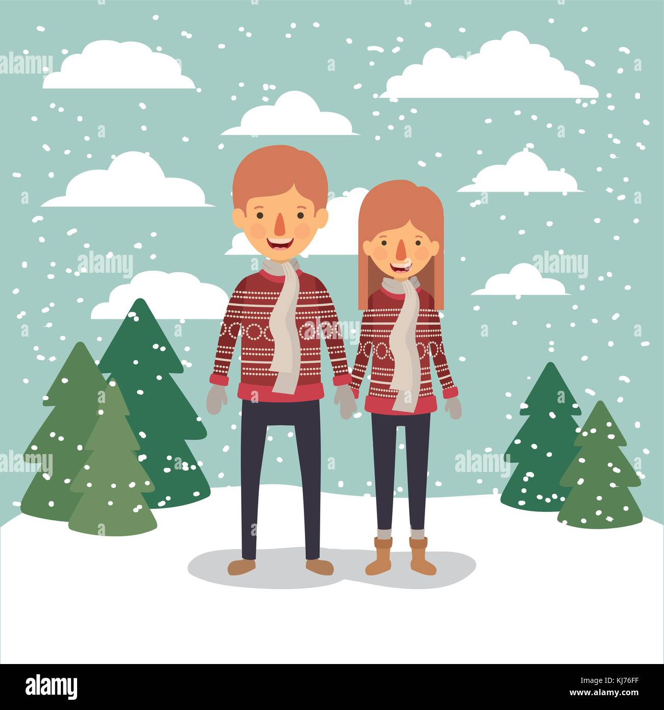 winter people background with couple in colorful landscape with pine trees and snow falling and both with red sweaters and scarf Stock Vector