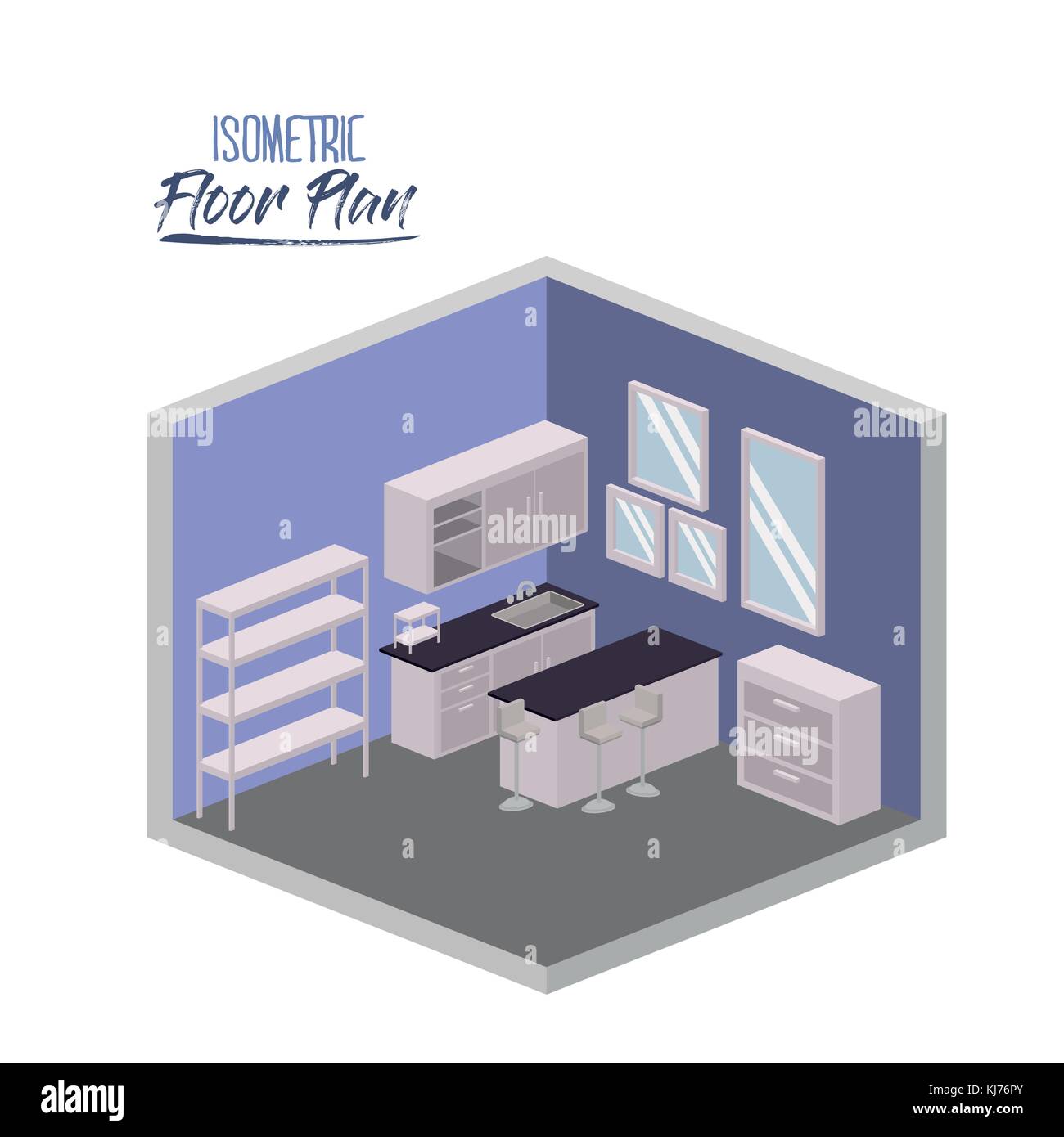 isometric floor plan of home kitchen room interior colorful silhouette ...