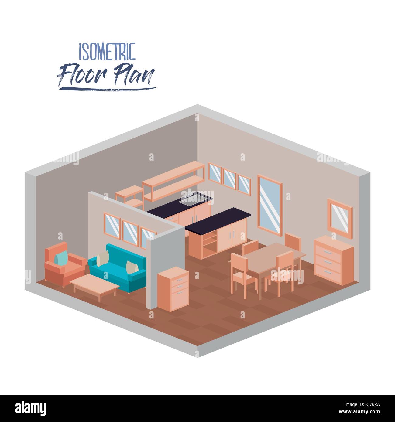 isometric floor plan of home living room and kitchen interior colorful ...