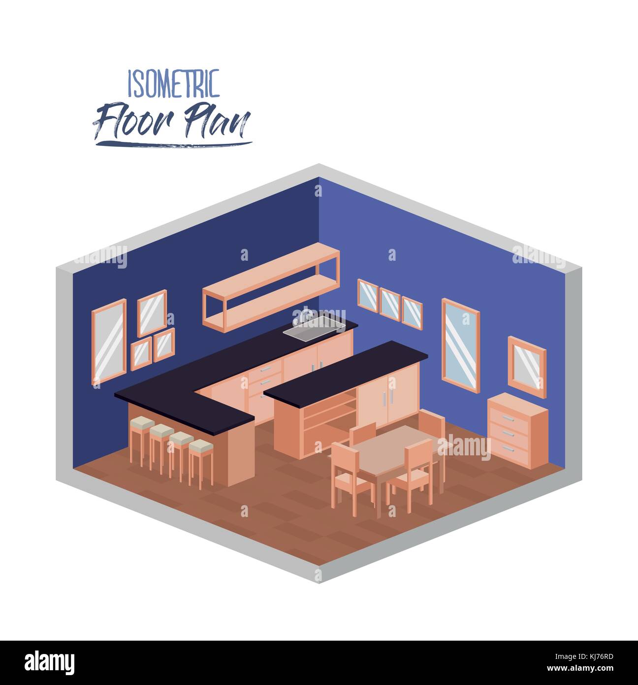 isometric floor plan of wide home kitchen room interior colorful ...