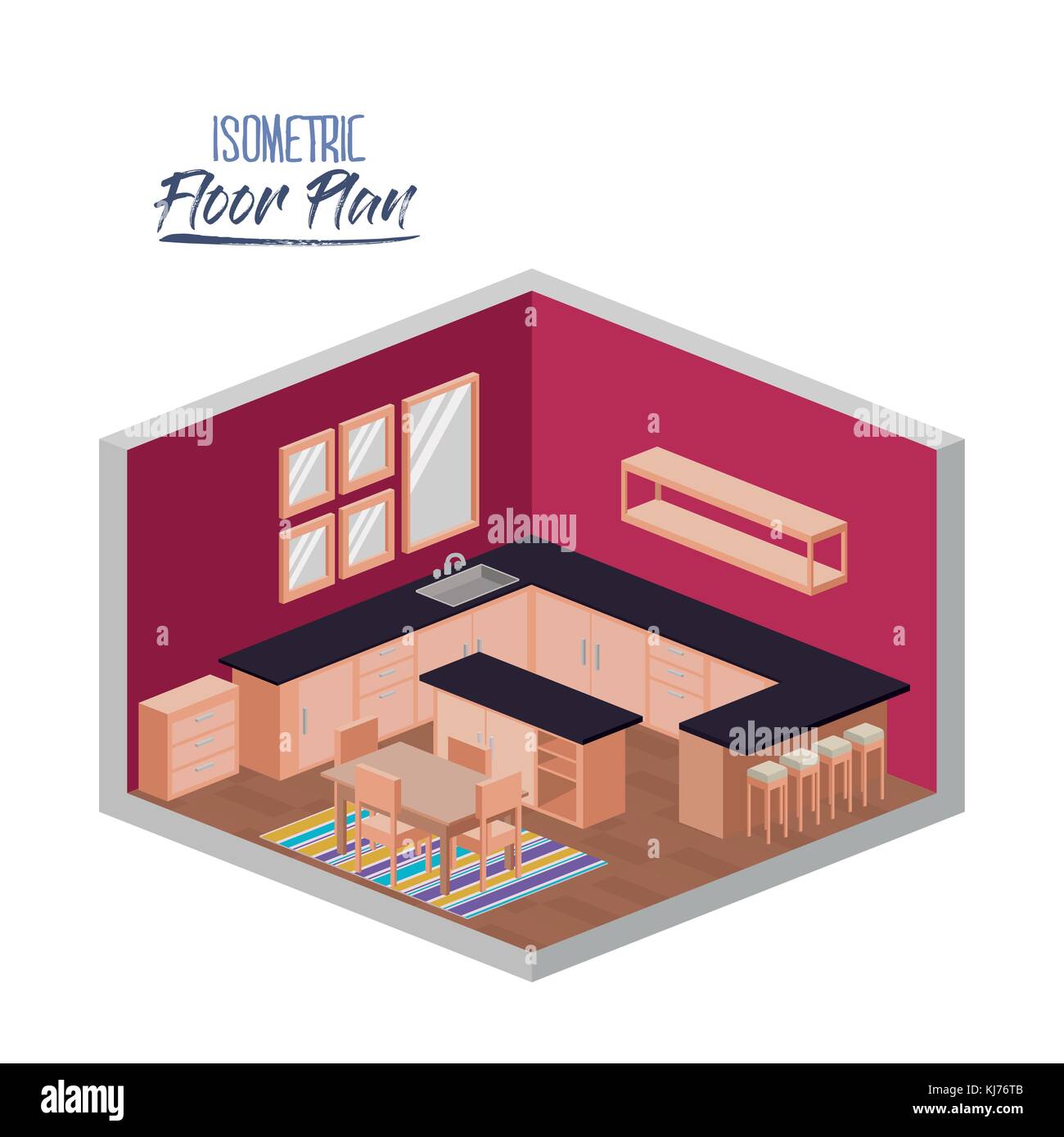 isometric floor plan of kitchen with big worktop and dining room with ...