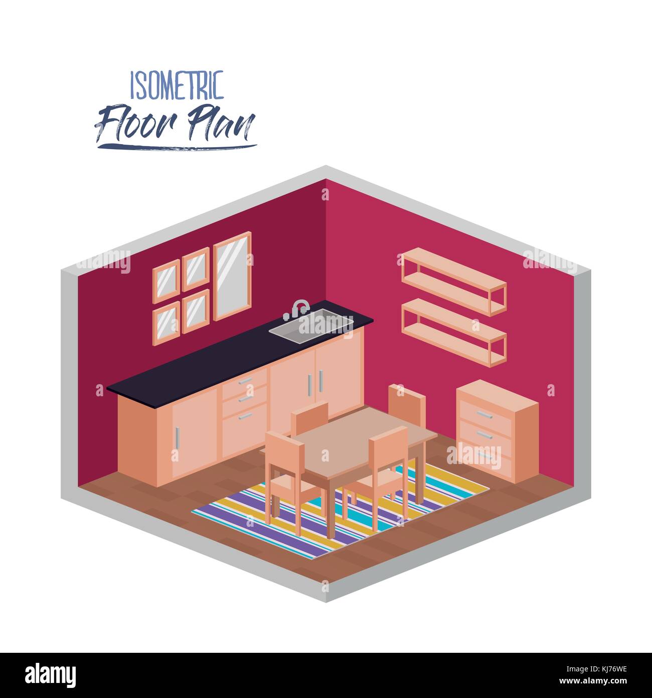 isometric floor plan of kitchen and dining room with carpet in colorful ...