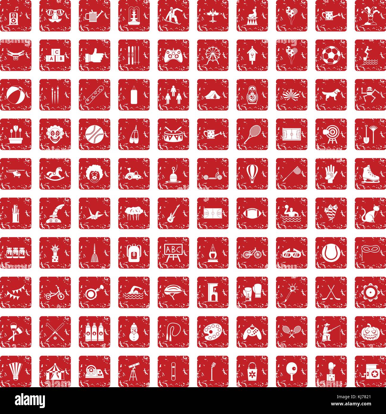 100 kids activity icons set grunge red Stock Vector