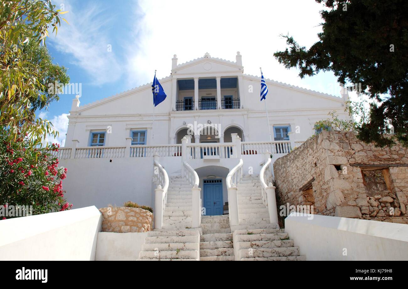The era white Town Hall at Emborio on the Greek island of