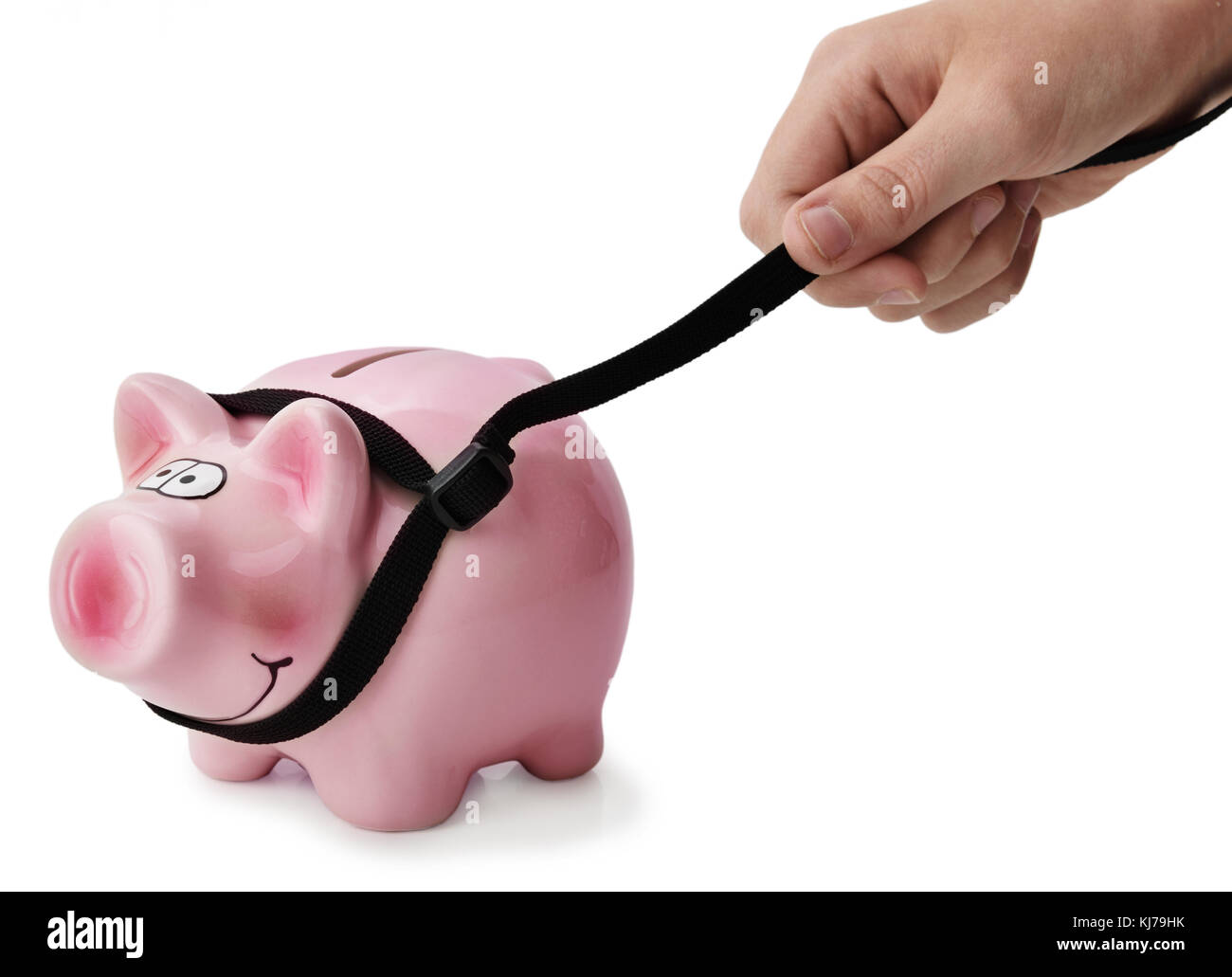 Concept of keeping budget under control, a piggy bank on a leash Stock Photo