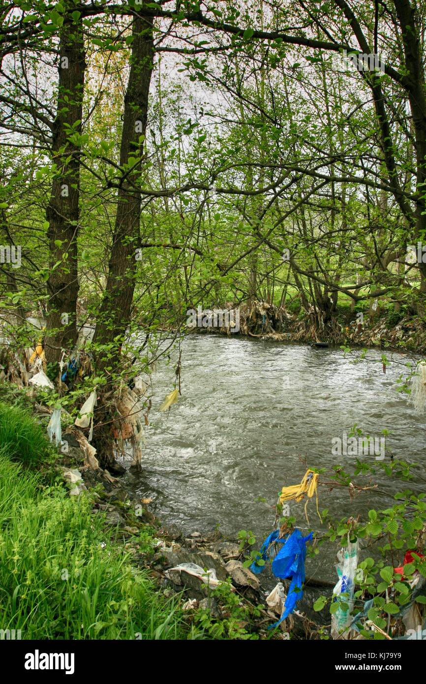 Plastic polluted Raska River in Serbia, Europe Stock Photo