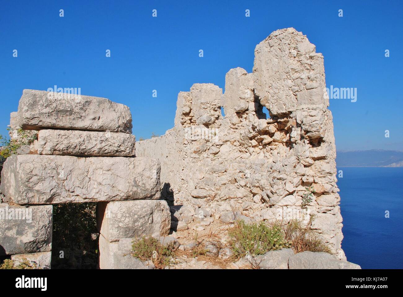 The ruins of the medieval Crusader Knights castle at Chorio on the Greek island of Halki. Stock Photo