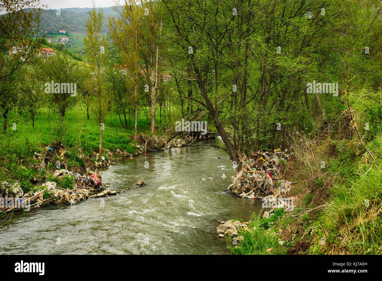 Plastic polluted Raska River in Serbia, Europe Stock Photo