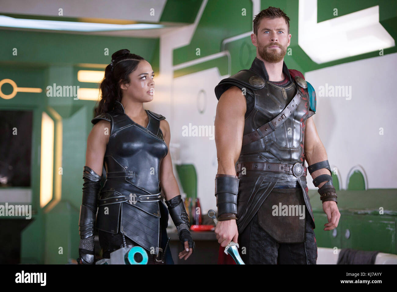THOR RAGNAROK, lr Tessa Thompson as Valkyrie, Chris Hemsworth as