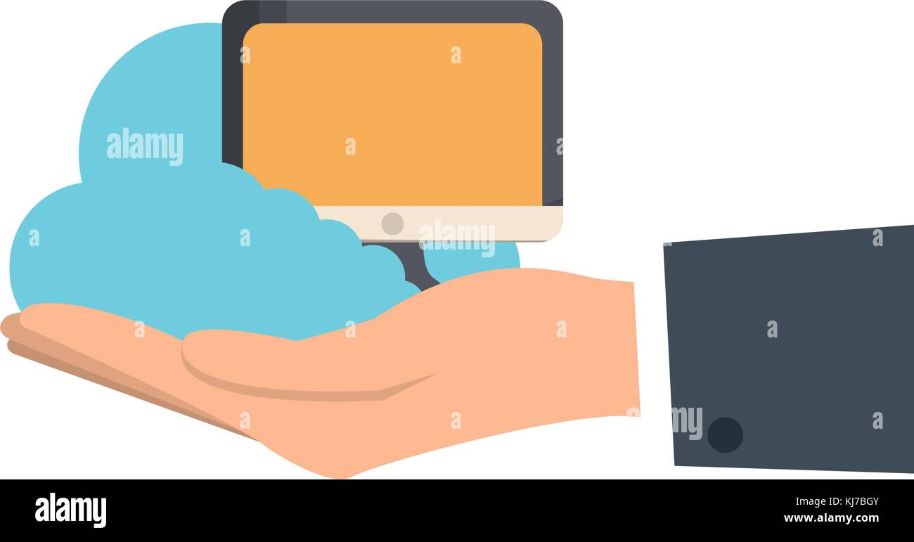 hand with monitor computer icon over white background vector ...