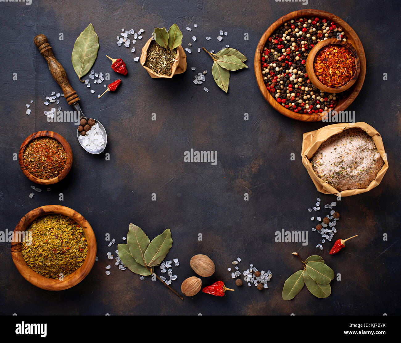Various type of herbs and spices Stock Photo