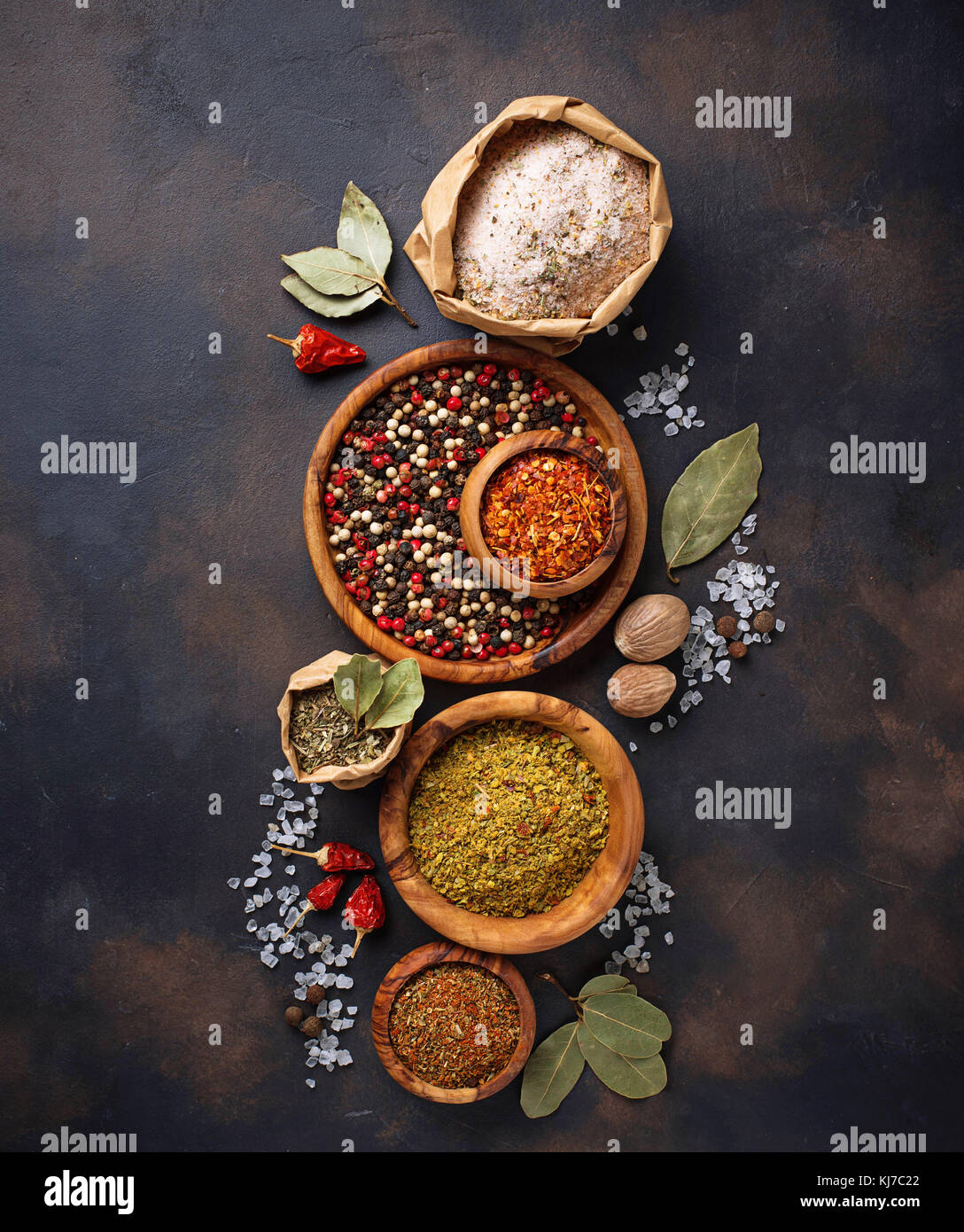 Various type of herbs and spices Stock Photo