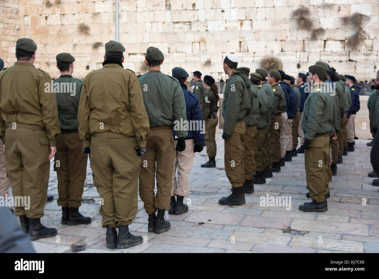 Army soldiers at the Western Wall, Old City, Jerusalem, Israel Stock Photo