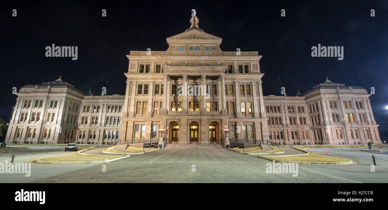 The Texas State Capitol Building in downtown Austin at Night. Built in 1882-1888 of distinctive sunset red granite. Stock Photo