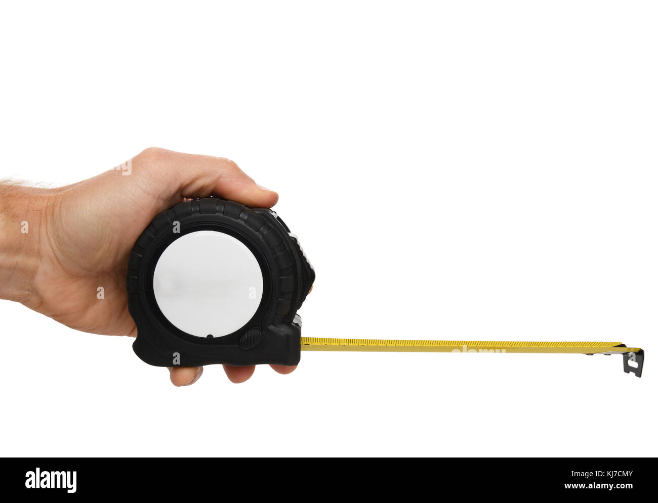 hand holding a tape measure isolated on a white background Stock Photo