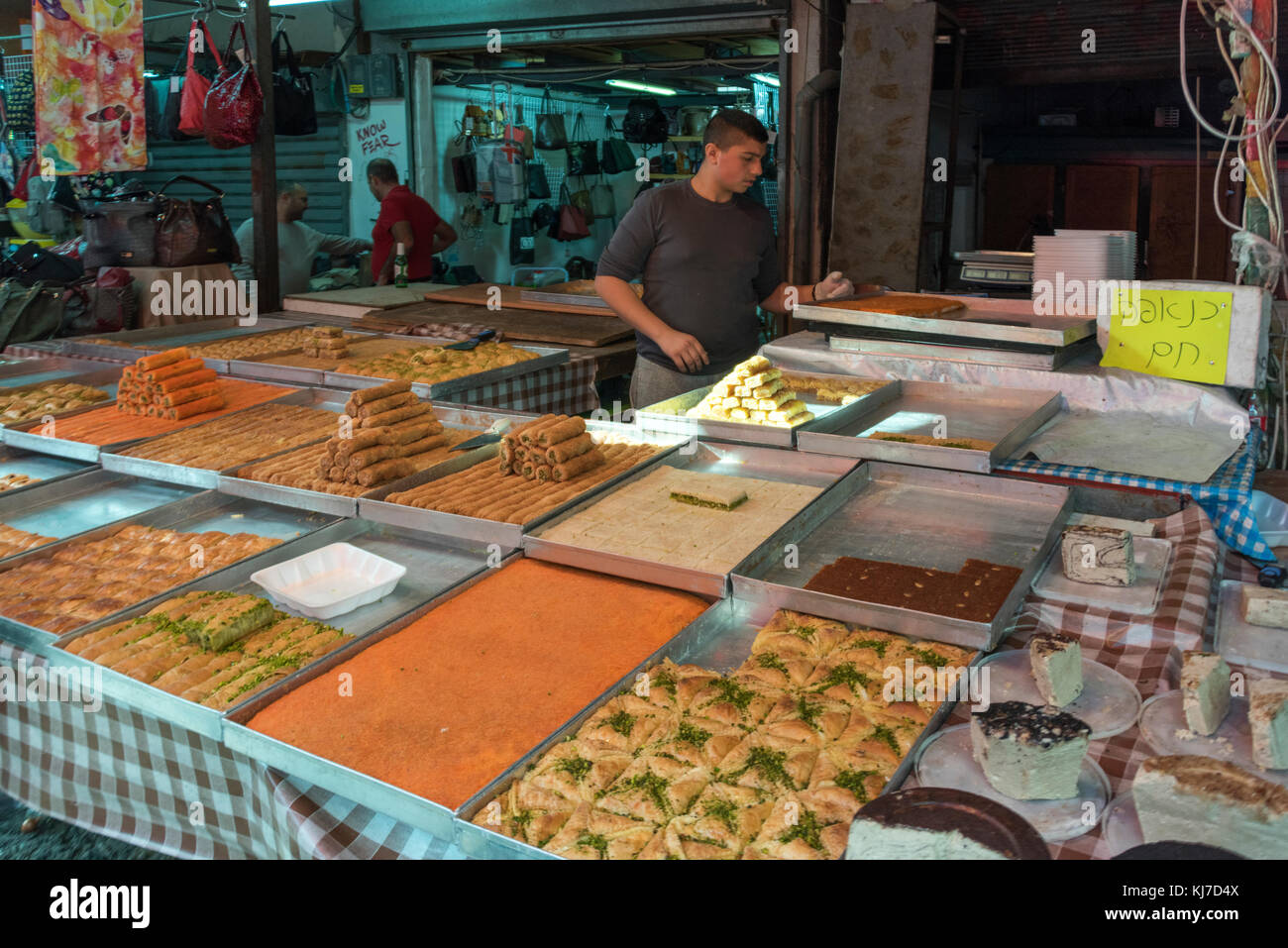 Traditional Israeli cuisines for sale at store, Carmel Market, Tel Aviv, Israel Stock Photo