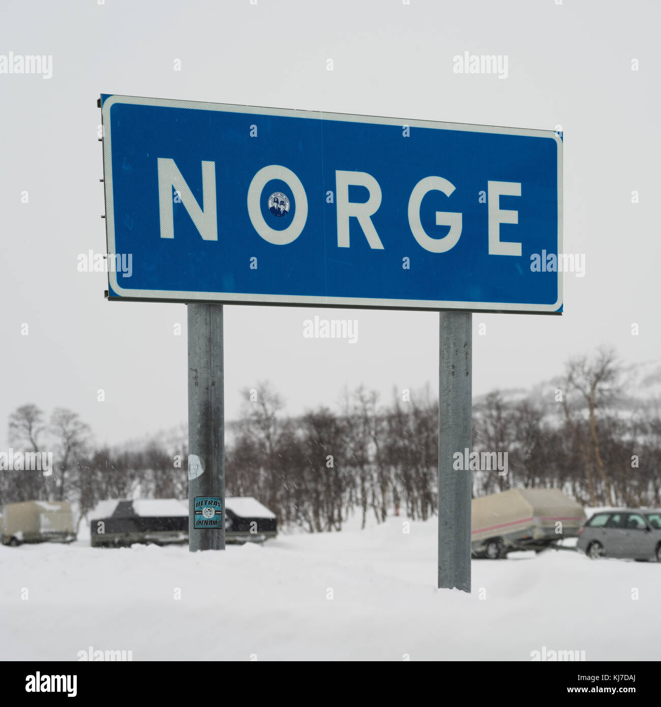 Information sign board on snow, Norrbotten County, Sweden Stock Photo