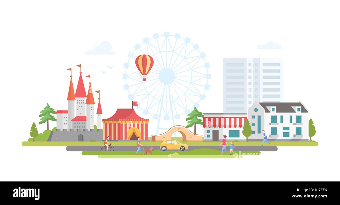City with amusement park - modern flat design style vector illustration ...