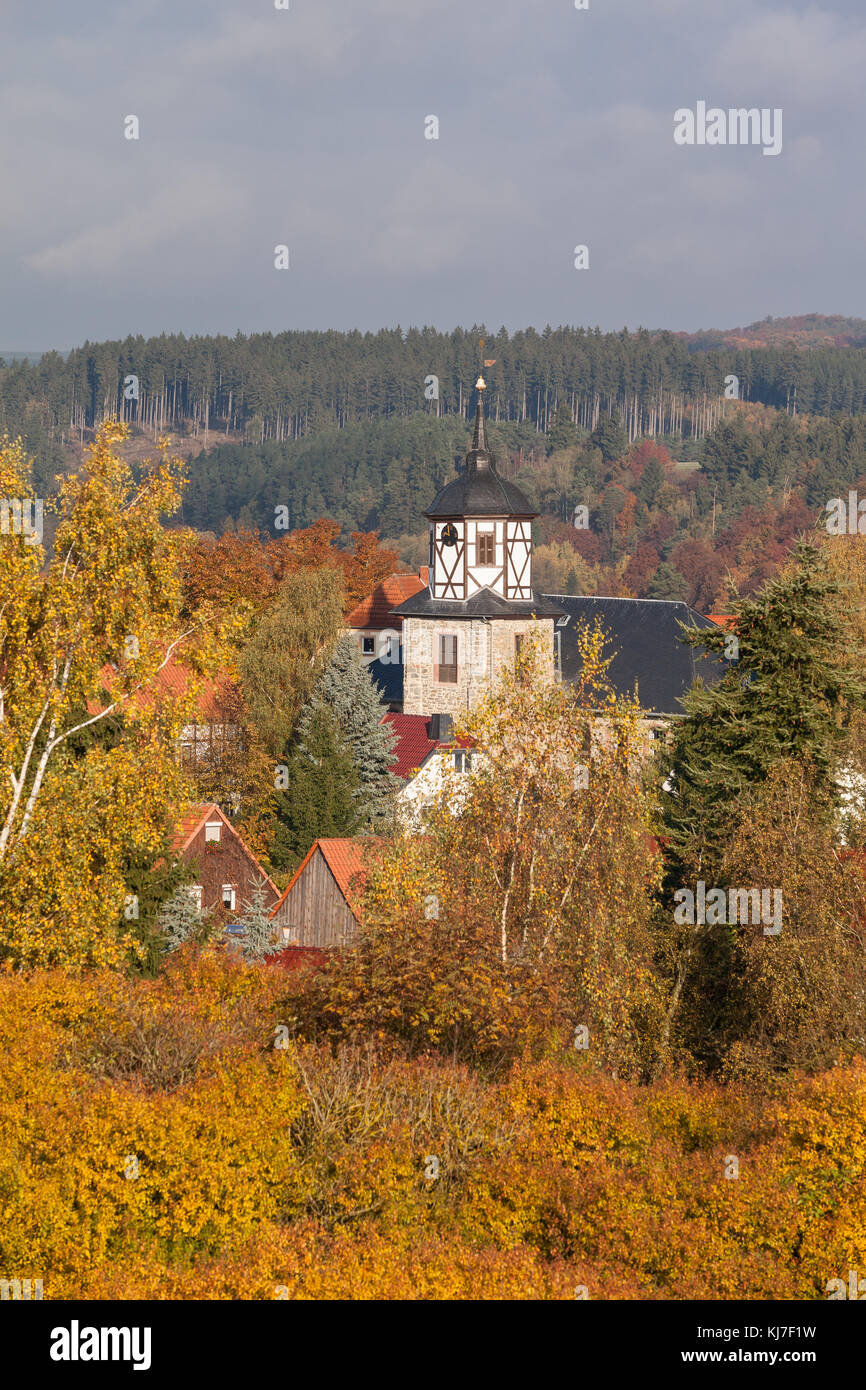 Straßberg Harz Herbst Impression Blick über die Krche in das selketal Stock Photo