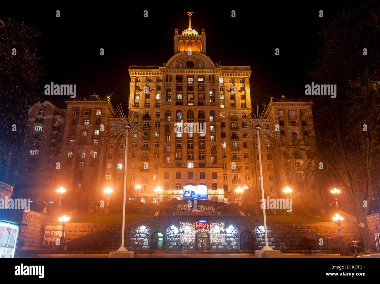 Stalinist Era Building on Khreshatyk Street at night. Stock Photo