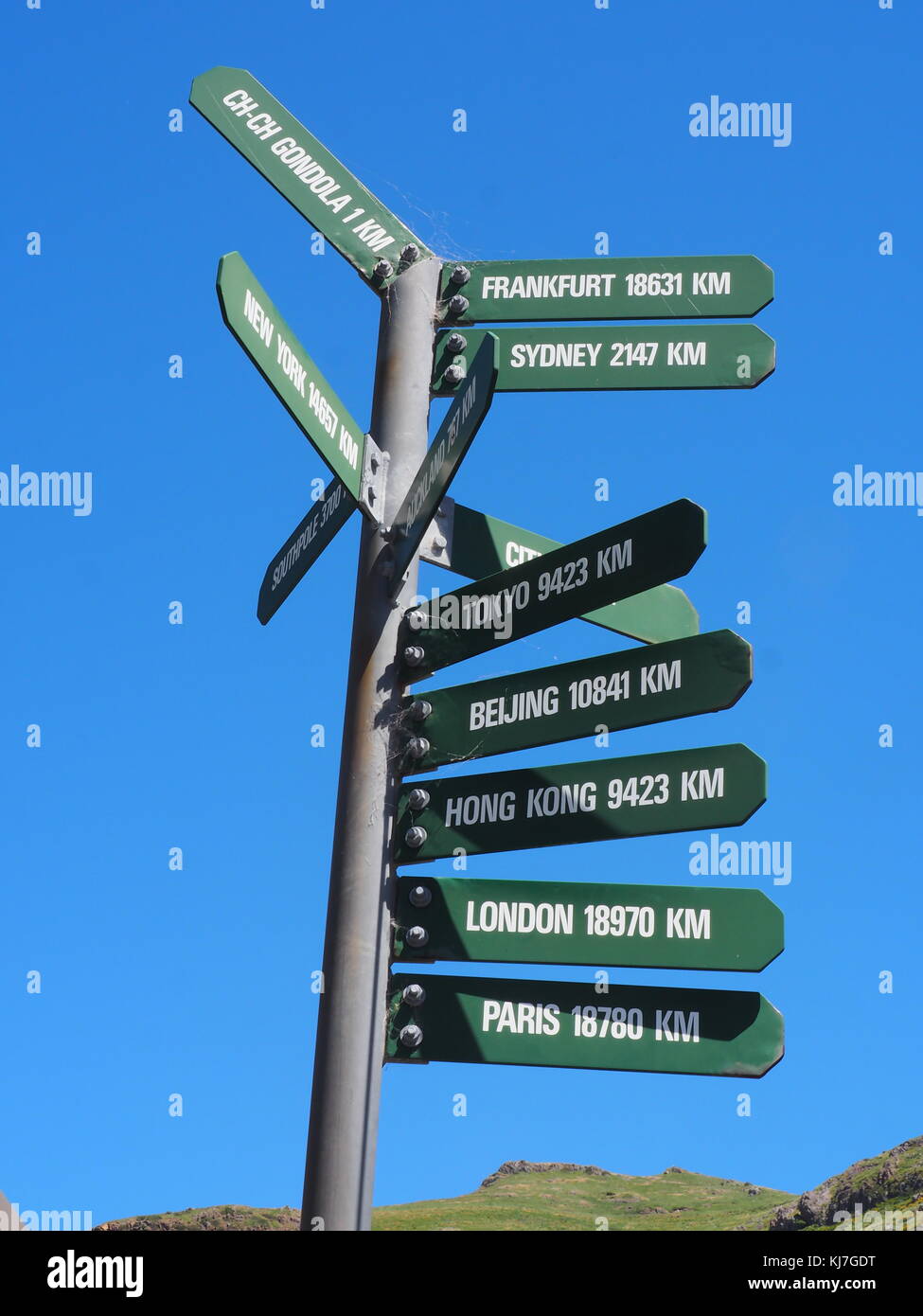 Directional distance sign, Christchurch New Zealand Stock Photo