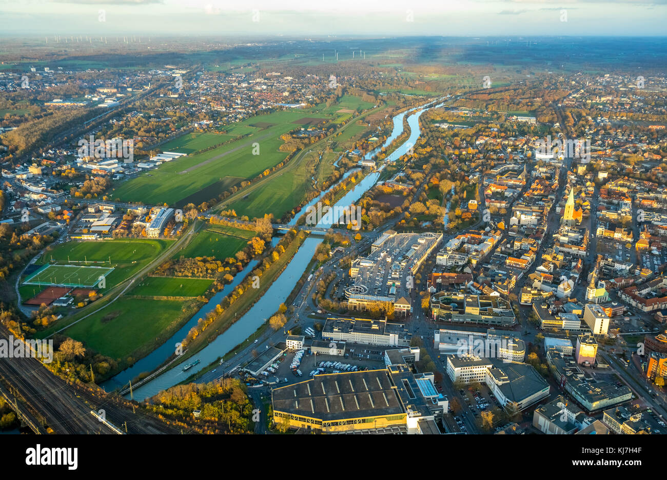 Overview of Hamm, Datteln-Hamm canal, project channel edge between the airport Hamm Lippewiesen and downtown Hamm, river Lippe, sports field at the hi Stock Photo