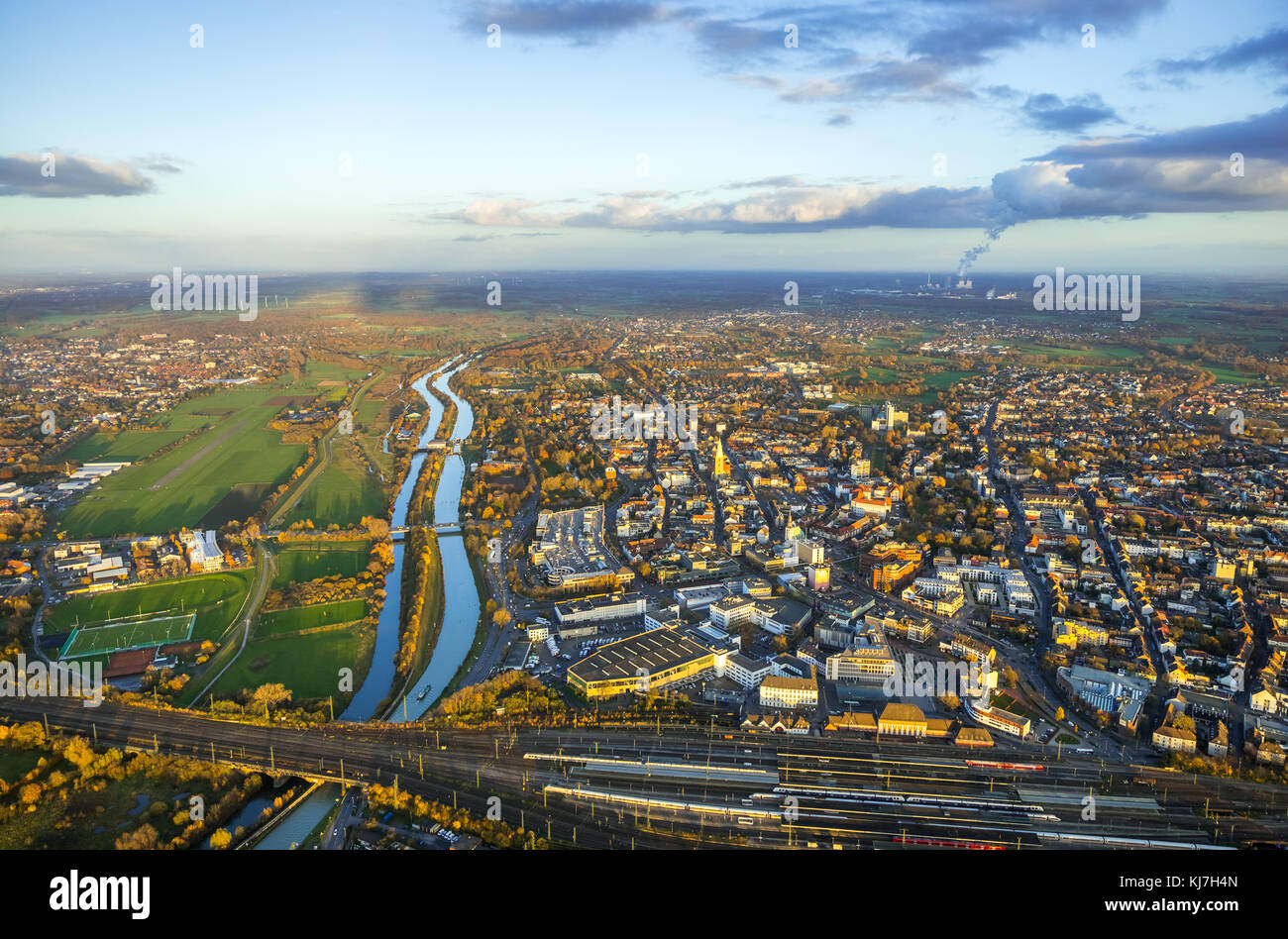 Overview of Hamm, Datteln-Hamm canal, project channel edge between the airport Hamm Lippewiesen and downtown Hamm, river Lippe, sports field at the hi Stock Photo