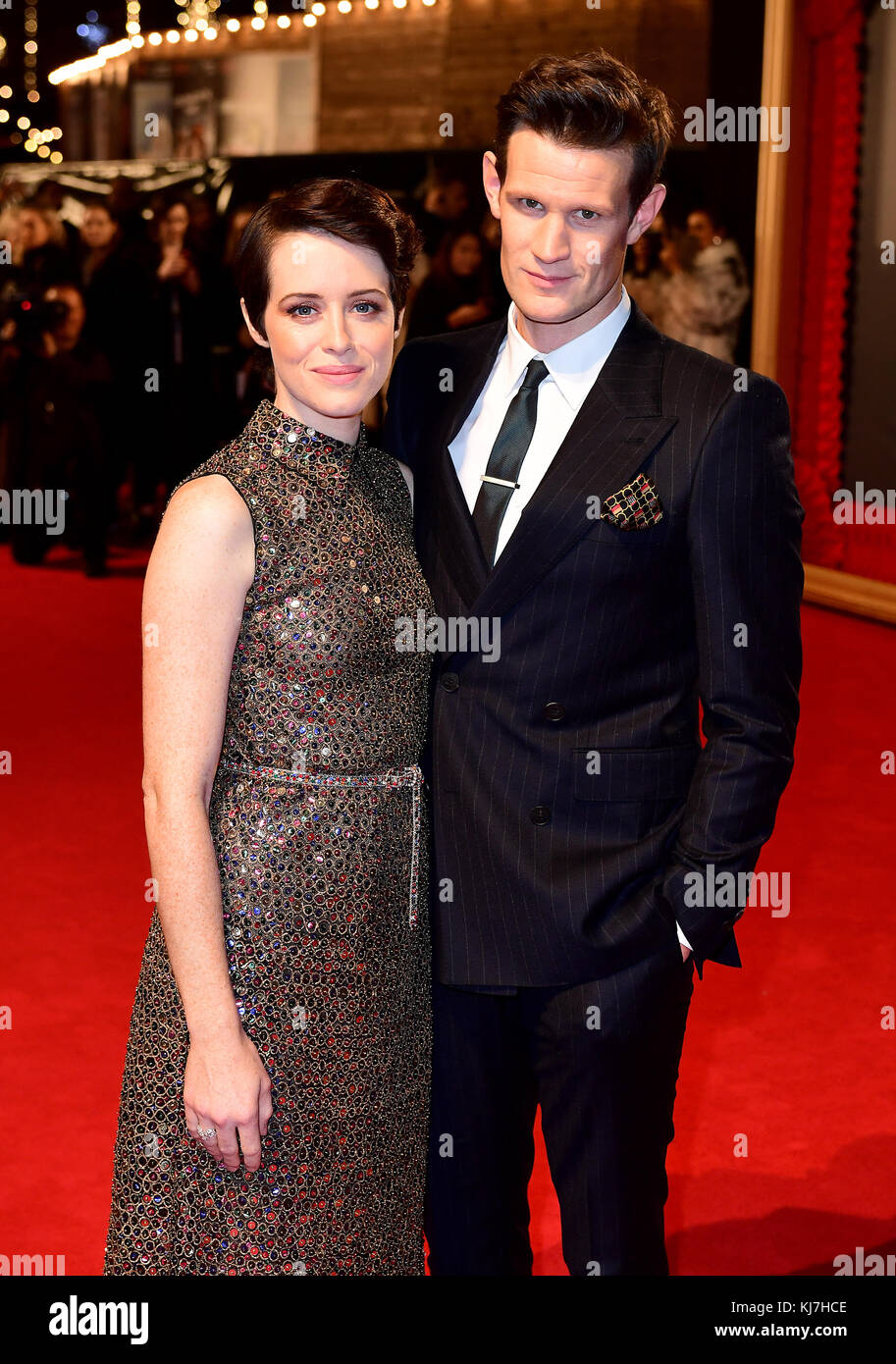 Claire Foy (left) and Matt Smith attending the season two premiere of The  Crown at the Odeon, Leicester Square, London Stock Photo - Alamy